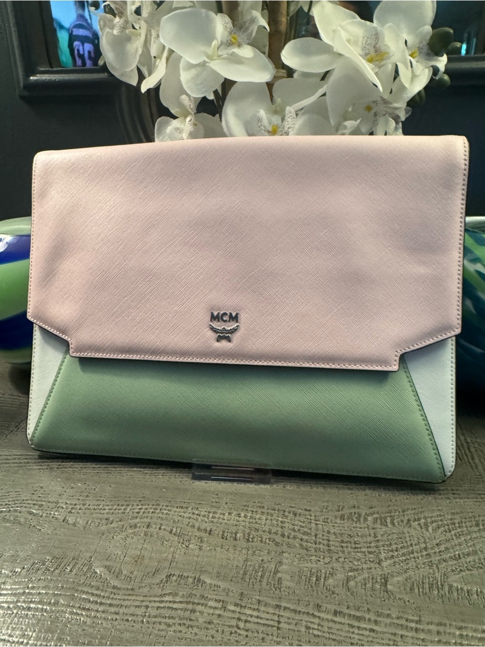 MCM Authentic Envelope Crossbody or Clutch in Light Pink & Green Leather NWOT